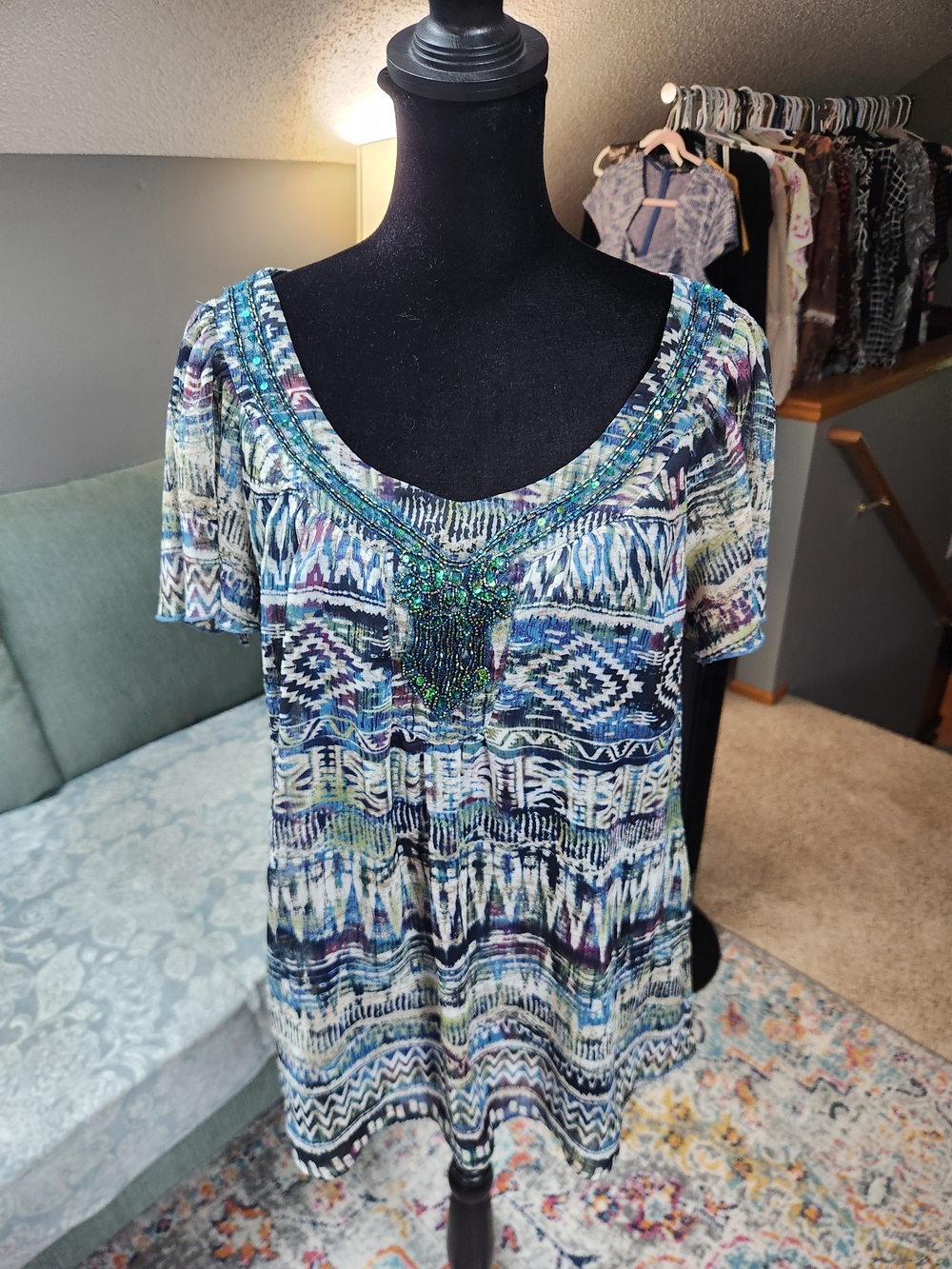Dressbarn Women's Geometric Beaded Top Blue & White XL
